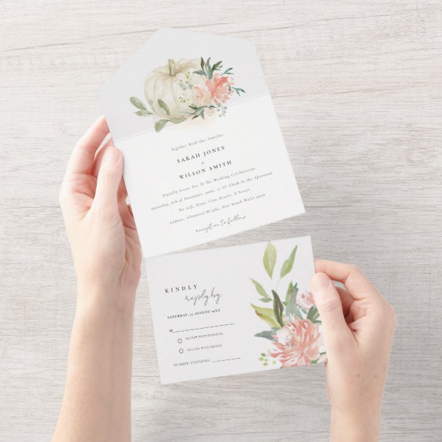 Pastel Soft White Pumpkin Blush Floral Wedding All In One Invitation (Tearaway)