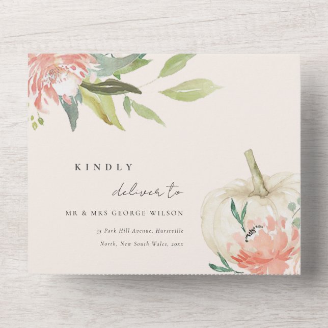 Pastel Soft White Pumpkin Blush Floral Wedding All In One Invitation (Front)