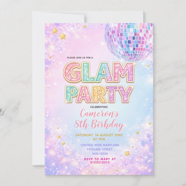 Pastel Sparkle Disco Glam Kids Birthday Party Invitation (Front)