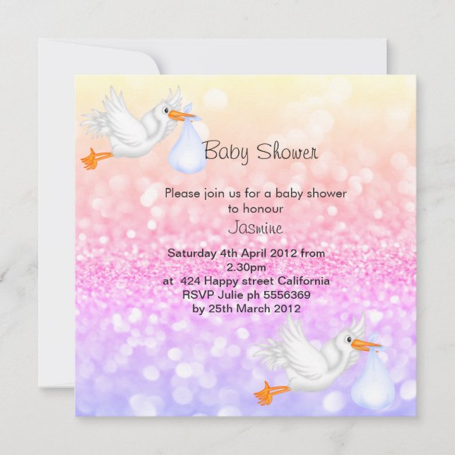 Pastel sparkle stork baby shower invite (Front)