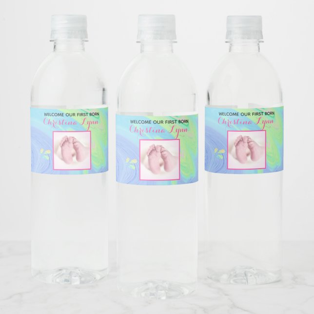 Pastel Spiral Welcome Baby Birth "Sip & See" Party Water Bottle Label (Bottles)