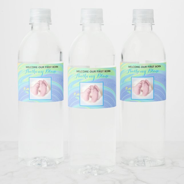Pastel Spiral Welcome Baby Boy "Sip & See" Party Water Bottle Label (Bottles)