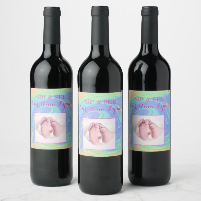 Pastel Spiral Welcome Baby Girl "Sip & See" Party Wine Label (Bottles)