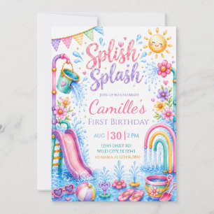 Pastel Splish Splash Water Park Girl Birthday Invitation