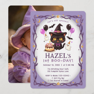 Pastel Spooky Cute Witch Cat Wizard 1st Bday Photo Invitation