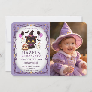 Pastel Spooky Cute Witch Cat Wizard 1st Birthday Invitation