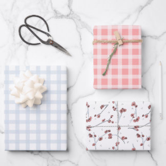 Pastel spring blue and pink tartan and Sakura Wrapping Paper Sheet
