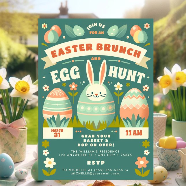 Pastel Spring Bunny Easter Egg Hunt & Brunch Invitation (Vintage Teal Easter Brunch Bunny Invitation)