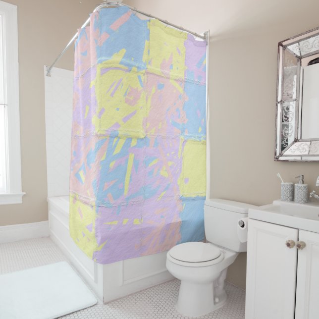 Pastel Spring Colours Paint Splatter Shower Curtain (In Situ)