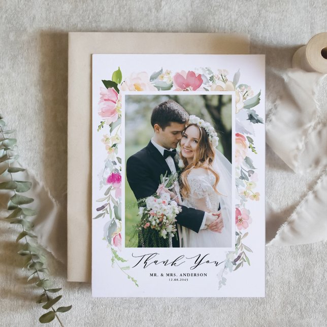 Pastel Spring Floral Blooms Frame Photo Wedding Thank You Card (Creator Uploaded)