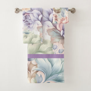 PASTEL SPRING FLORAL LILAC 2 BATHROOM TOWEL SET
