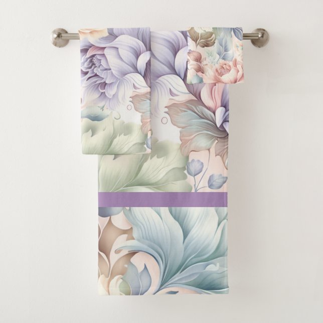 PASTEL SPRING FLORAL LILAC 2 BATHROOM TOWEL SET (Insitu)