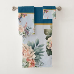 PASTEL SPRING FLORAL NAVY 2 BATHROOM TOWEL SET