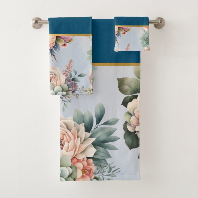 PASTEL SPRING FLORAL NAVY 2 BATHROOM TOWEL SET (Insitu)