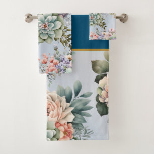 PASTEL SPRING FLORAL NAVY BATHROOM TOWEL SET