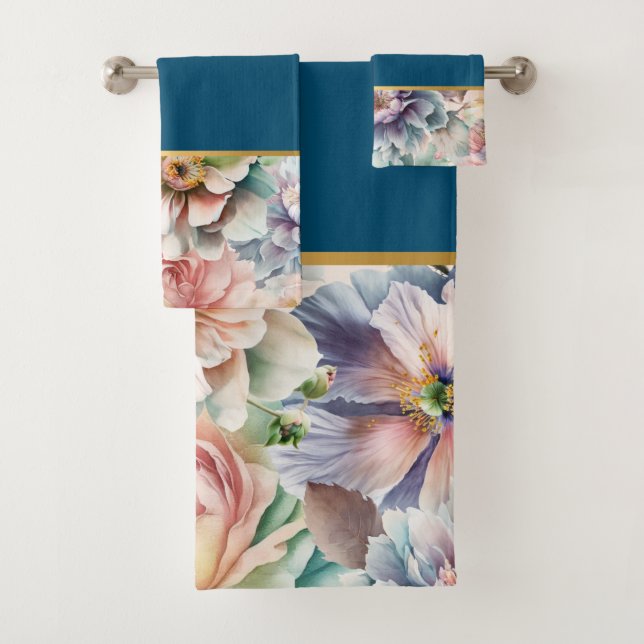 PASTEL SPRING FLORAL NAVY BATHROOM TOWEL SET (Insitu)