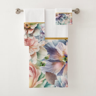 PASTEL SPRING FLORAL WHITE BATHROOM TOWEL SET