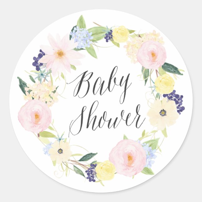 Pastel Spring Floral Wreath Baby Shower Stamp Classic Round Sticker (Front)