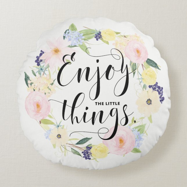 Pastel Spring Floral Wreath Enjoy Whimsical Script Round Cushion (Front)