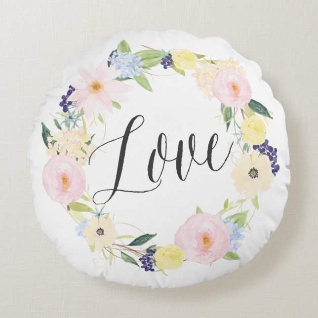 Pastel Spring Floral Wreath | Love Round Pillow (Front)