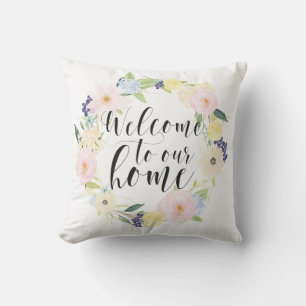 Pastel Spring Floral Wreath Welcome To Our Home Cushion