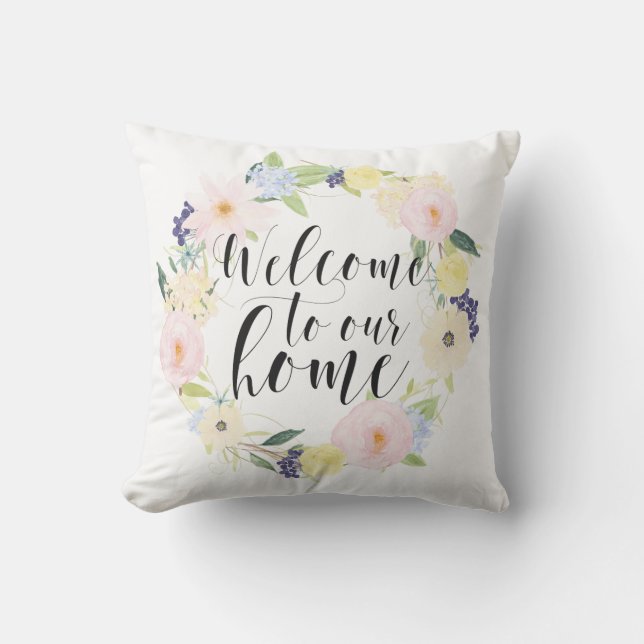 Pastel Spring Floral Wreath Welcome To Our Home Cushion (Front)