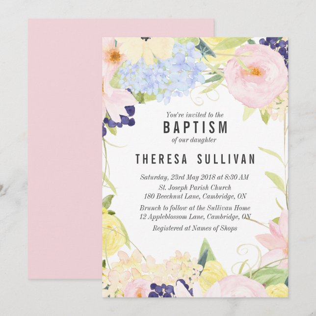 Pastel Spring Flowers Baptism Invitation (Front/Back)