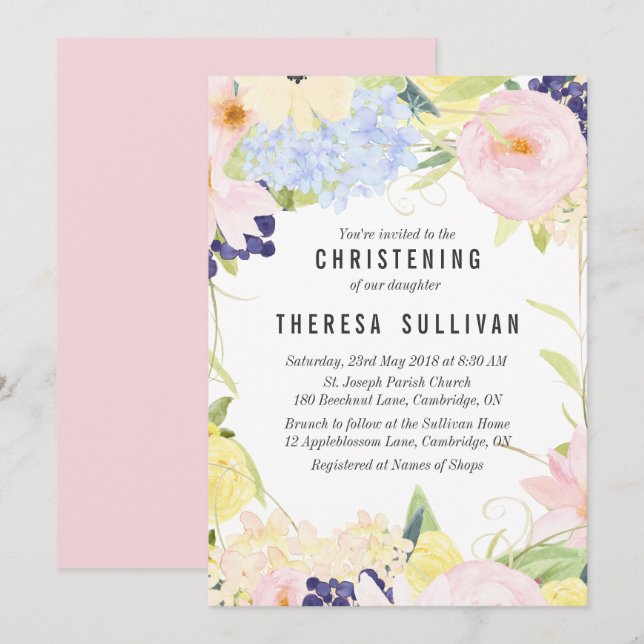 Pastel Spring Flowers Christening Invitation (Front/Back)
