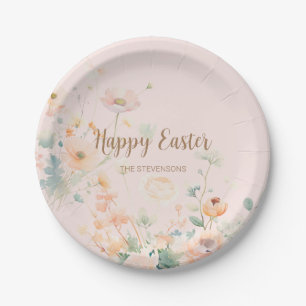 Pastel Spring Flowers Happy Easter Paper Plate