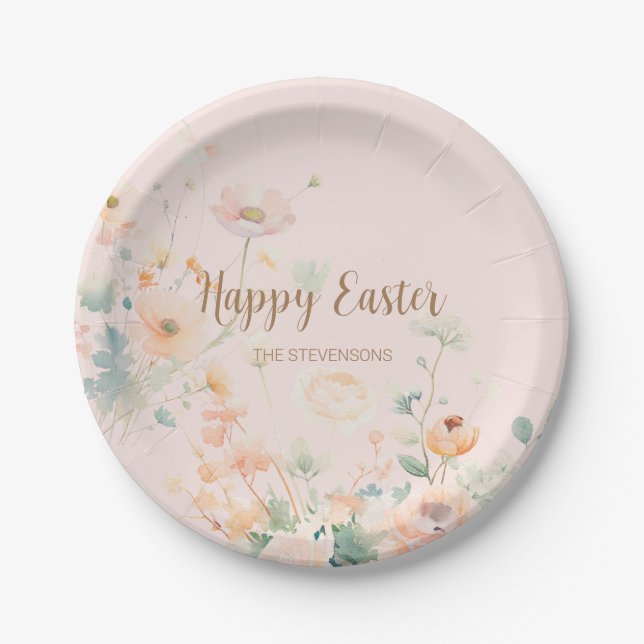Pastel Spring Flowers Happy Easter Paper Plate (Front)