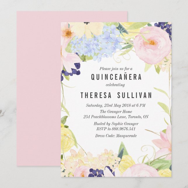 Pastel Spring Flowers Quinceañera Invitation (Front/Back)