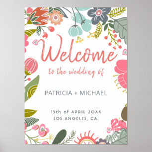 Pastel spring meadow blooms welcome wedding sign
