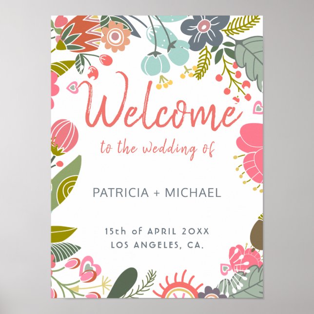 Pastel spring meadow blooms welcome wedding sign (Front)