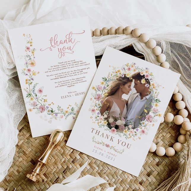 Pastel Spring Wildflower Garden Wedding Photo Thank You Card (Creator Uploaded)