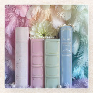 PASTEL STACK OF BOOKS FLOWERS FEATHERS GLASS COASTER