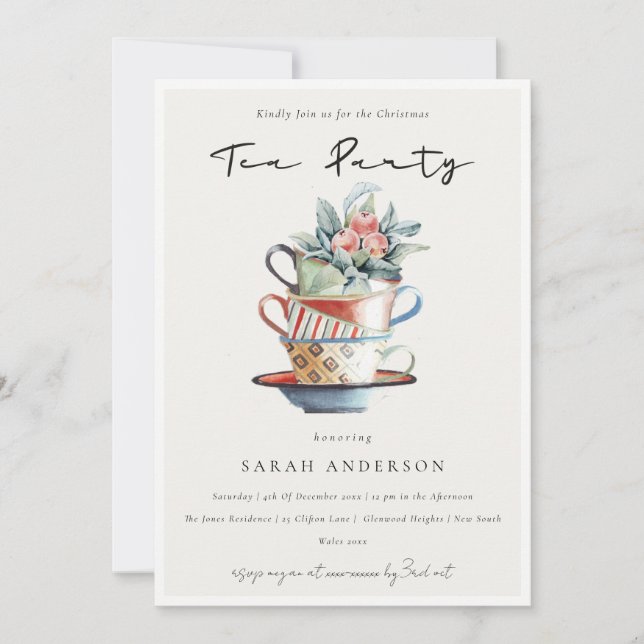 Pastel Stacked Cups Christmas Tea Party Invite (Front)