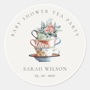 Pastel Stacked Cups Floral Baby Shower Tea Party Classic Round Sticker