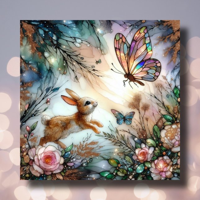 Pastel Stained Glass Bunny Chases Butterfly Easter Holiday Card (Creator Uploaded)