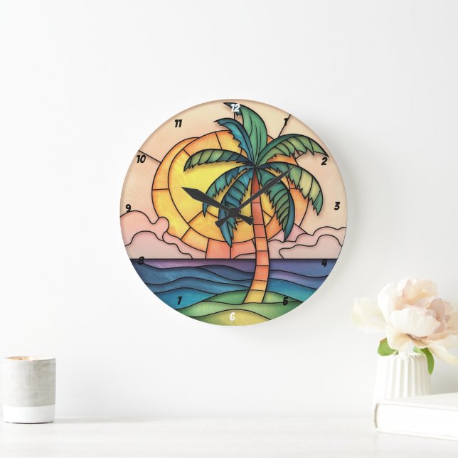 Pastel Stained Glass Tropical Sunset Large Clock (Home)