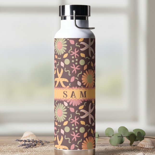 Pastel Starfish Floral Chocolate Brown Water Bottle (Your bottle. Your name. Your aesthetic)