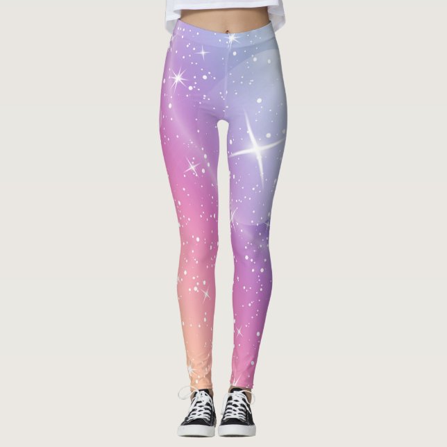 Pastel Starry Sky Pink Purple Gradient Moon Galaxy Leggings (Front)