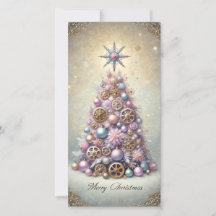 Pastel Steampunk Christmas Card Purple Tree