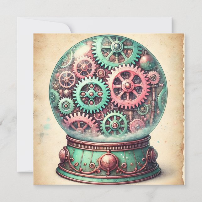 Pastel Steampunk Christmas Snow Globe Greetings Holiday Card (Front)