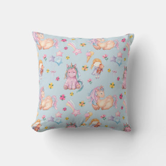 Pastel Storybook Unicorn & Floral Watercolor Cushion