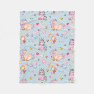 Pastel Storybook Unicorn & Floral Watercolor Fleece Blanket