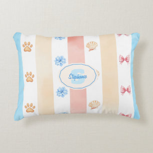 Pastel Stripe - Paw Prints, Blue Flower, Pink Bows Decorative Cushion