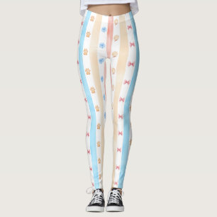 Pastel Stripe - Paw Prints, Blue Flower, Pink Bows Leggings
