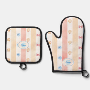 Pastel Stripe - Paw Prints, Blue Flower, Pink Bows Oven Mitt & Pot Holder Set
