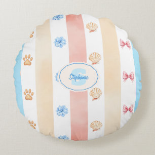 Pastel Stripe - Paw Prints, Blue Flower, Pink Bows Round Cushion