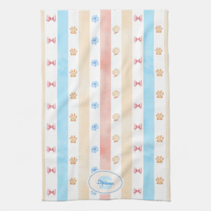 Pastel Stripe - Paw Prints, Blue Flower, Pink Bows Tea Towel